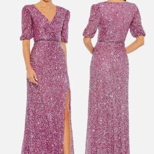 MAC DUGGAL 5610 PUFF SLEEVE SEQUIN WRAP PLUM GOWN sz 14